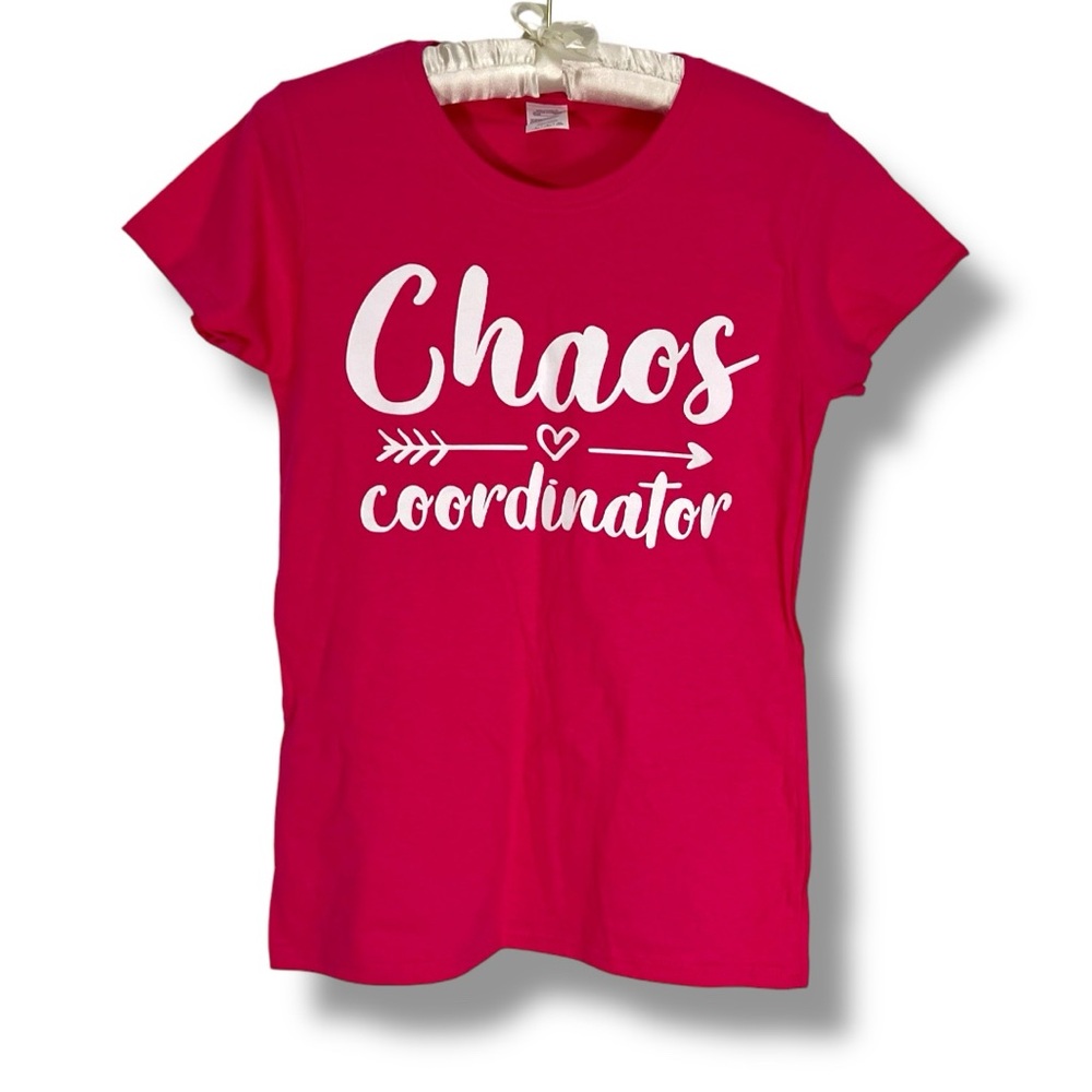 Gildan Pink T-Shirt Chaos Coordinator Tee 100% Cotton Bright Casual Ladies Sz S